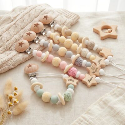 Engraved Star Wooden Crochet Custom Pacifier Clip
