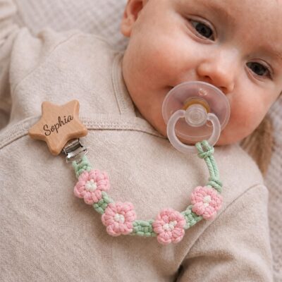 Macrame Flower Wooden Star Custom Pacifier Clip